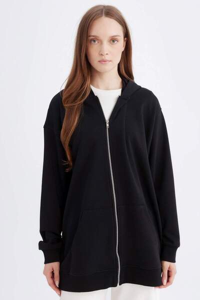 DeFacto Φούτερ με κουκούλα Basic Plain Inside Soft Shaggy Χοντρό φερμουάρ D1606AX24AU