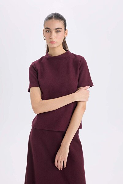 DeFacto Slim Fit Slim Fit Half Turtleneck Basic Plain Short Sleeve Burgundy T-Shirt D9758Ax24Wn