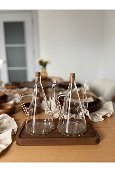 Amentes 3 Piece Glass Oil Pot Set - 2 X 500 ml Oil Pot Sauce Bowl Vinegar Bowl Wooden Base