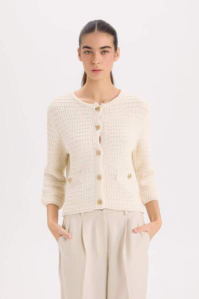 DeFacto Regular Fit Bisiklet Yaka Dokulu Düğmeli Triko Hırka D3304AX24WN