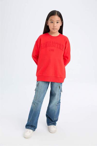 DeFacto Girl's Red Crew Neck Printed Sweatshirt D6627A824Au