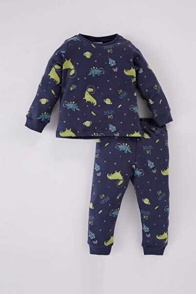 DeFacto Baby Boy Pajama Set Dinosaur Printed Crew Neck Long Sleeve Top Long B...
