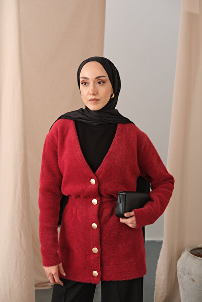 LOCCO Women's Gold Button Detail Cardigan Red