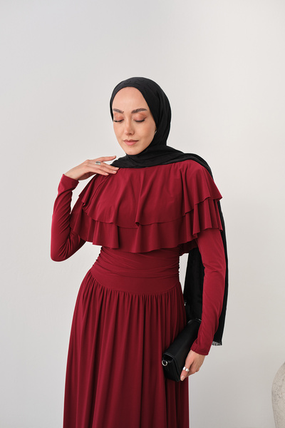 LOCCO Women's Shoulder Ruffle Detail Dress Burgundy