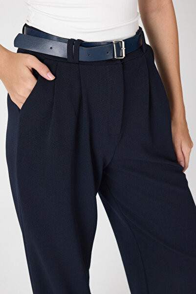 Rays Gece Mavisi Çift Pile Detay Kemerli Kadın Pantolon 5009