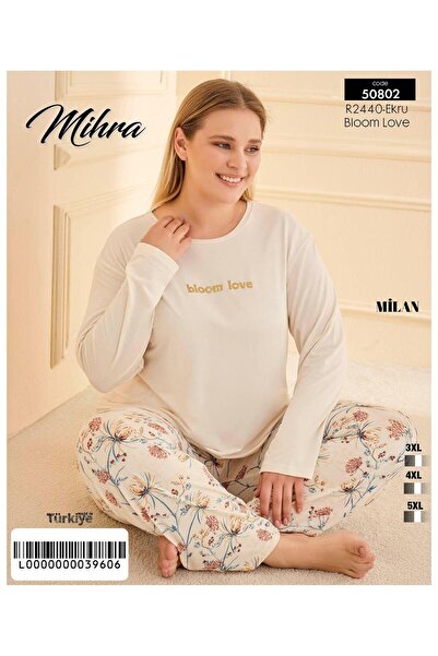 Mihra Büyük Beden Ekru Renkli Milan Kumaş Sıfır Yaka Uzun Kollu Kadın Pijama Takımı