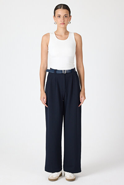 Rays Gece Mavisi Çift Pile Detay Kemerli Kadın Pantolon 5009