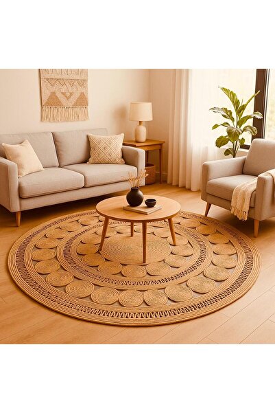 ModaCardin jüt Hasır görünümlü Desenli Modern El Örgüsü daire Halı Kilim