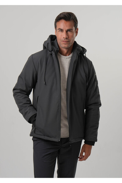 PIQUE Men's Black Coat with Print Detail Quilted Lined Softshell Coat