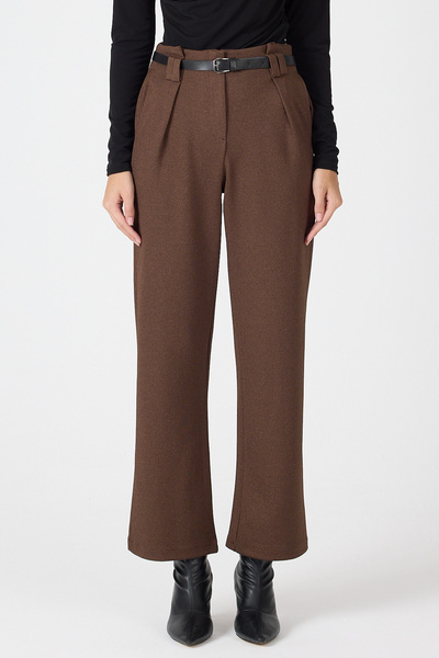 Rays Kahve Pileli Kemerli Kadın Kumaş Pantolon 8119A