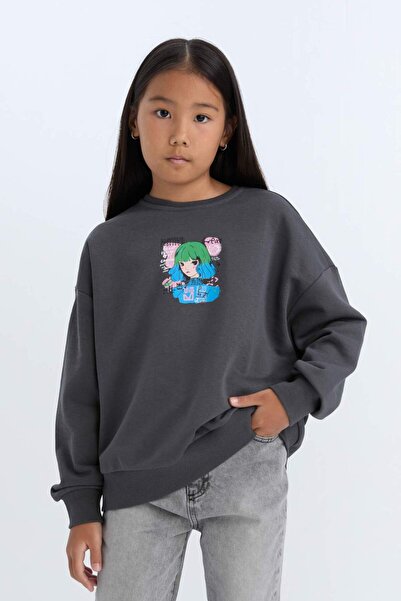 DeFacto Kız Çocuk Relax Fit Bisiklet Yaka Baskılı Sweatshirt D6495A8NS
