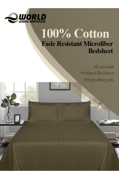 Eworld 3 Piece Olive Green Striped Cotton Double Bed Sheet Set – Fitted Sheet & 2 Pillowcases