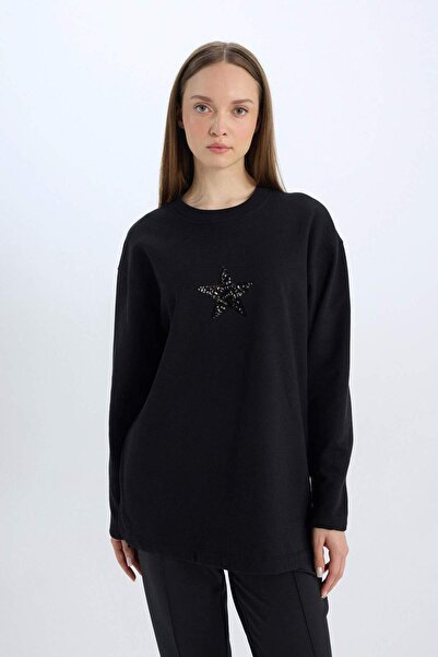 DeFacto Relax Fit Bisiklet Yaka Baskılı İçi Yumuşak Tüylü Sweatshirt Tunik D9028AX24WN