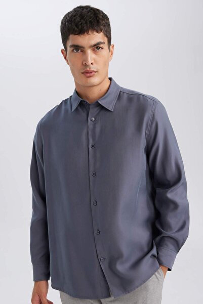 DeFacto Relax Fit Polo Collar Twill Modal Mixed Basic Solid Long Sleeve Shirt D3376Ax24Au