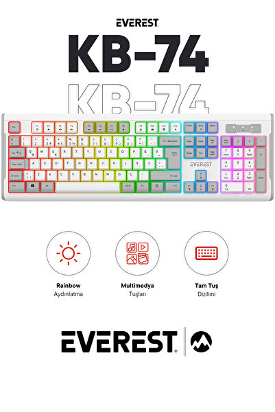 Everest KB-74 Oyuncu Klavyesi Sessiz Klavye Rainbow Aydınlatmalı Q Membran Klavye Gaming Klavye Gri/Beyaz