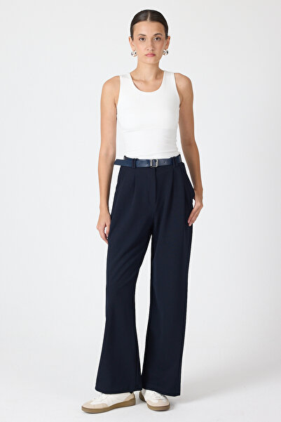 Rays Gece Mavisi Çift Pile Detay Kemerli Kadın Pantolon 5009