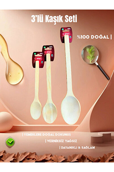 AHER Doğal Kayın 3'lü Ahşap Kaşık Kepçe Seti Çizmez Büyük Boy Servis (23-27-3...