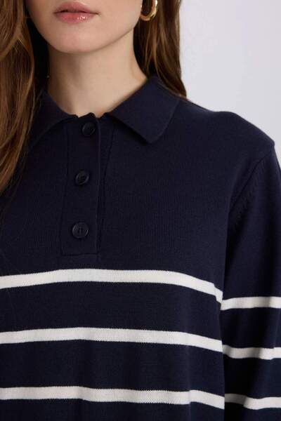 DeFacto Regular Fit Polo Yaka Çizgili Maxi Triko Elbise A9801AX24WN
