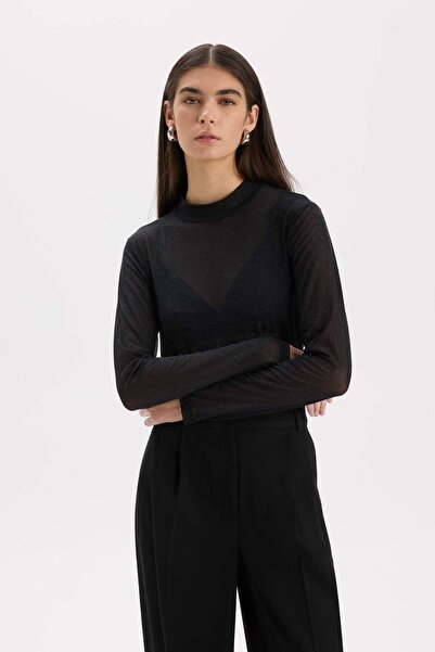 DeFacto Slim Fit Dar Kesim Yarım Balıkçı Yaka Casual Tül Uzun Kollu Tişört E2373AX24WN