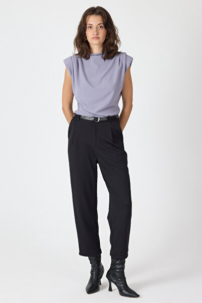 Rays Black Pleated Belted Women's Fabric Trousers 8120A