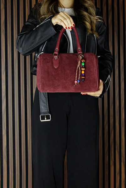 Erkan Saçmacı Burgundy Genuine Cowhide Suede Daily Large Size Shoulder Bag with Zippered Inner Pocket and Beaded Accessories