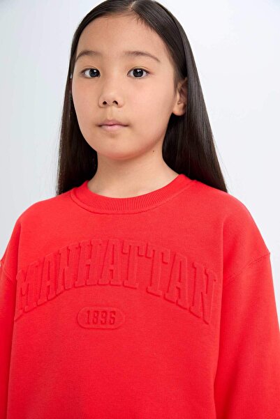 DeFacto Kız Çocuk Kırmızı Bisiklet Yaka Baskılı Sweatshirt D6627A824AU