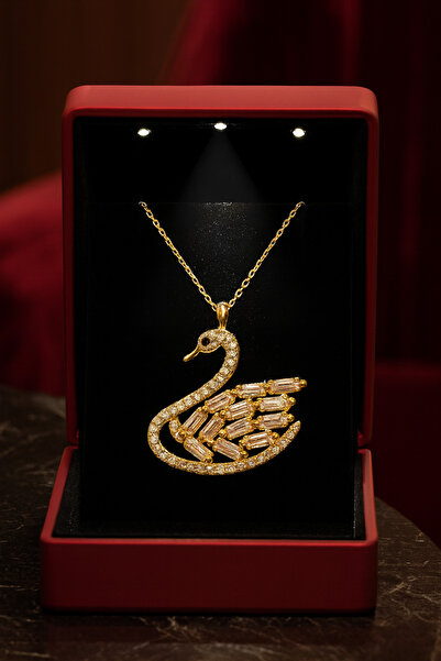 KAR DİAMOND 925 Ayar Gümüş Altın Kaplama Zirkon Taşlı Kuğu Kolye – Sertifikal...