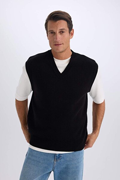 DeFacto Standart Fit V Yaka Triko Basic Düz Süveter E0851AX24WN