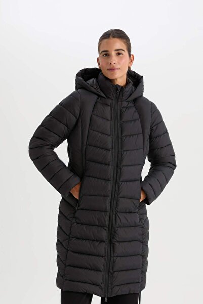 DeFacto Dlouhá péřová bunda - Parka s kapucí, Slim Fit, kapsa na zip
