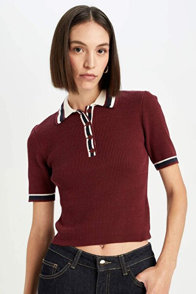 DeFacto Regular Fit Button Polo Neck Short Sleeve Burgundy Knitwear Sweater D4233Ax24Au