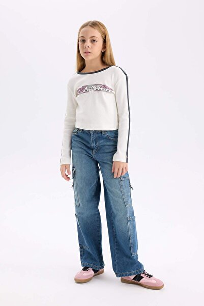 DeFacto Μακρυμάνικο μπλουζάκι για κορίτσια με λεπτή εφαρμογή με λαιμόκοψη με στάμπα με ραβδώσεις D6993A824WN