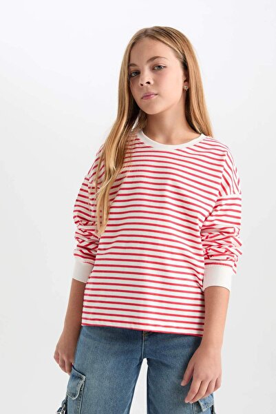DeFacto Kız Çocuk Relax Fit Bisiklet Yaka Çizgili Sweatshirt D6503A8NS