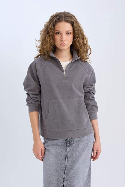 DeFacto Oversize Geniş Kalıp Basic Düz Kanguru Cepli Fermuarlı Polo Yaka Sweatshirt E0741AX24WN