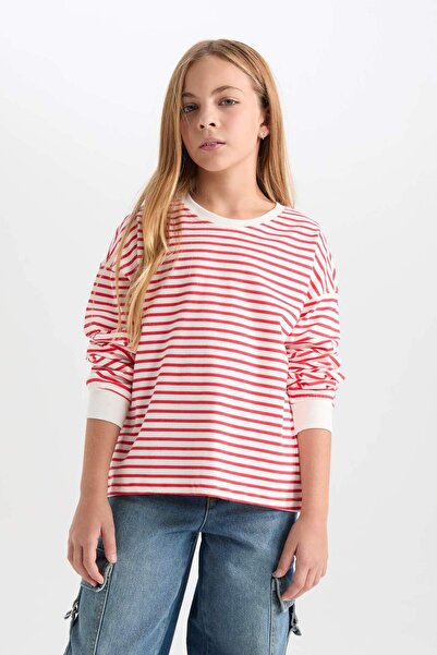 DeFacto Kız Çocuk Relax Fit Bisiklet Yaka Çizgili Sweatshirt D6503A8NS