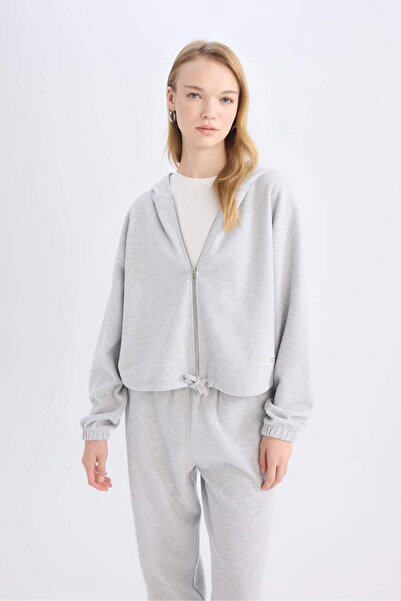 DeFacto Coool Loose Fit Basic Plain Hooded Zippered Sweatshirt E1464Ax24Wn