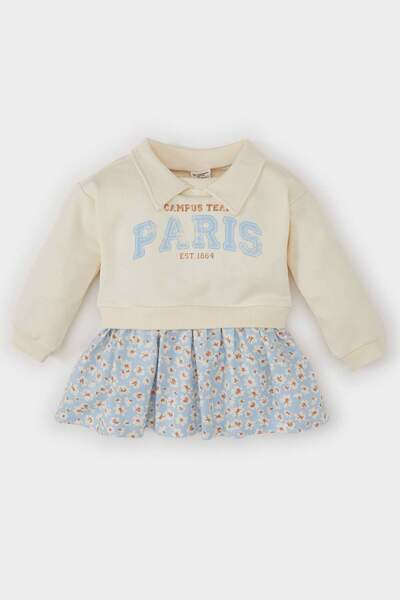 DeFacto Polo Collar Printed Baby Girl Sweatshirt Dress - Floral Pattern, Long Sleeve D2547A524Au