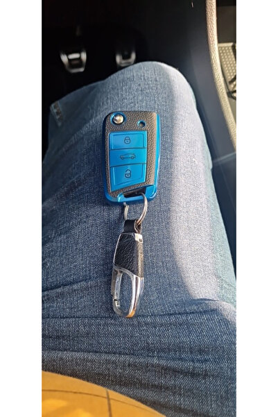 OEM Husă albastră cu inserții piele cheie VW (Volkswagen VW Polo Golf 7 MK7 Tiguan Skoda Octavia Kodiaq)