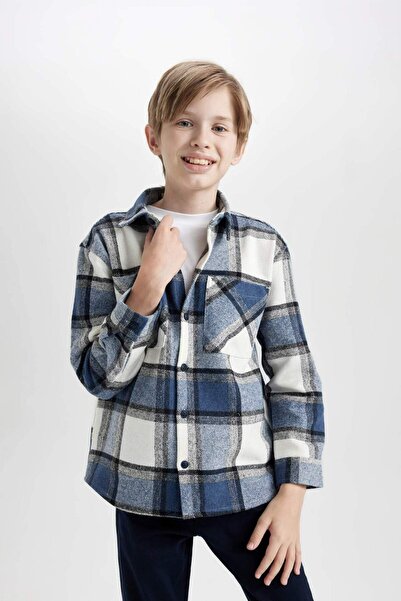 DeFacto Erkek Çocuk Oversize Geniş Kalıp Polo Yaka Flanel Uzun Kollu Gömlek D6687A824WN