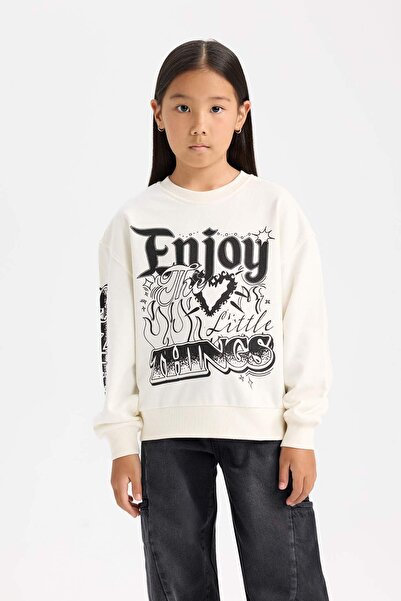 DeFacto Kız Çocuk Oversize Geniş Kalıp Bisiklet Yaka Baskılı Sweatshirt D6629A824AU