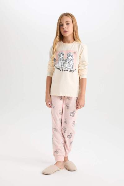 DeFacto Girl's Pajama Set Frozen Long Sleeve Top Patterned Elastic Waist Bottom D3746A824Au