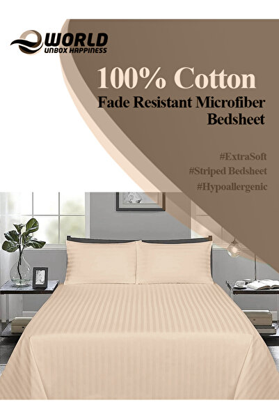Eworld 3 Piece Beige Striped Cotton Single Bed Sheet Set – Flat Sheet & 2 Pillowcases