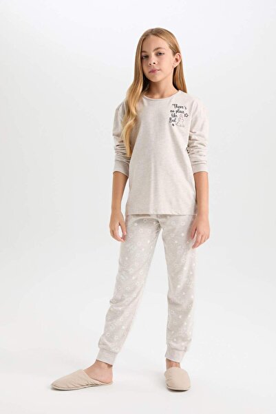 DeFacto Kız Çocuk Pijama Takımı Baskılı Uzun Kollu Üst Beli Lastikli Uzun Alt D6656A824WN