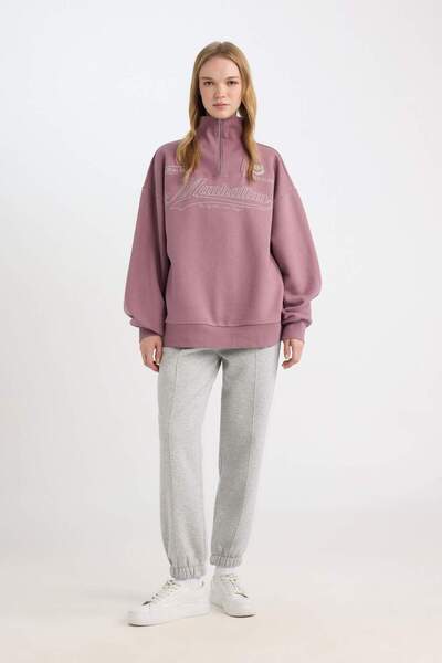 DeFacto Coool Oversize Wide Fit Zippered Stand Collar Back Printed Thick Sweatshirt D7564Ax24Wn