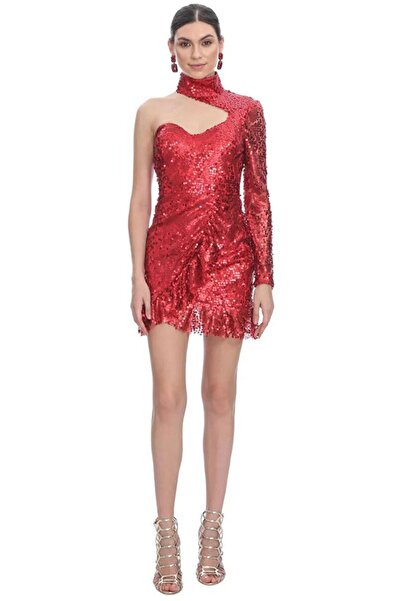 RAGIBESA Kırmızı Payetli Mini Kına Abiye Elbise
