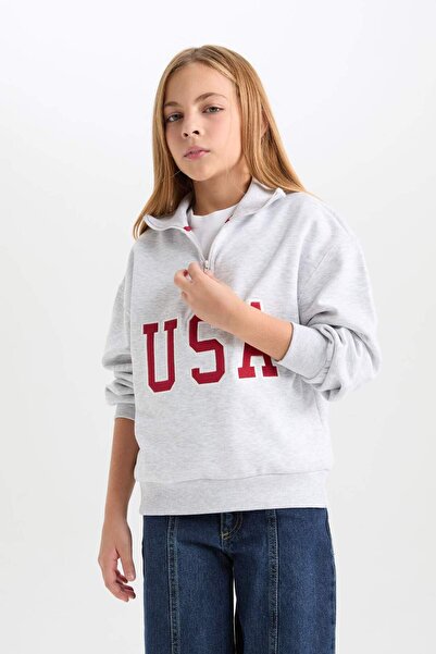 DeFacto Kız Çocuk Relax Fit Yarım Fermuarlı Baskılı İçi Yumuşak Tüylü Okul Sweatshirt D4273A824WN
