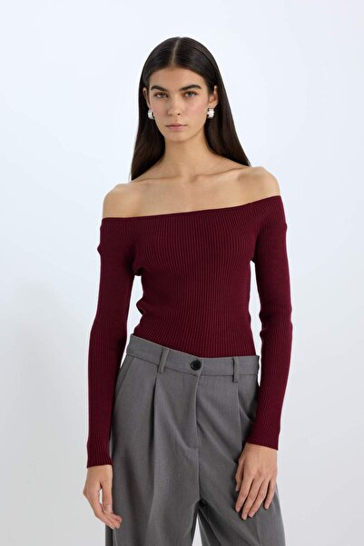 DeFacto Fitted Open Shoulder Basic Plain Claret Red Knitwear Sweater E0314Ax24Wn