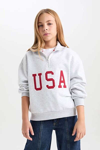 DeFacto Girls' Relax Fit Half Zipper Printed Soft Furry Inside School Sweatshirt D4273A824Wn