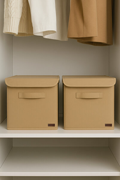 PRENDİ HOME Beige Covered Wardrobe Laundry Toy Organizer Folding Storage Box with Lid 30X30X30