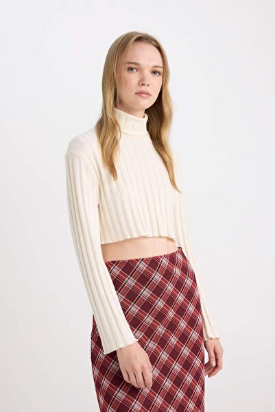 DeFacto Coool Balıkçı Yaka Crop Top Basic Düz Fitilli Kaşkorse Uzun Kollu Tişört E1673AX24WN