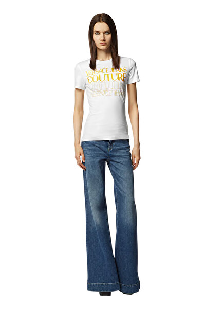 VERSACE JEANS COUTURE Yuvarlak Yaka Baskılı Beyaz Kadın T-Shirt 76HAHC00